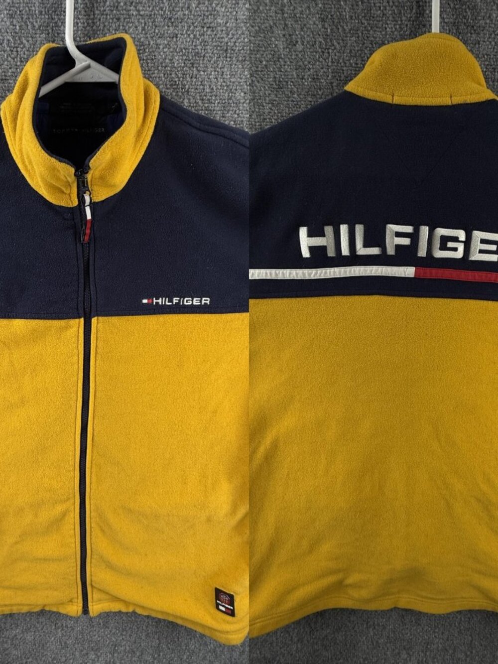 VTG Tommy Hilfiger Fleece Full Zip Jacket Yellow Blue Men Large 90s Spell Out